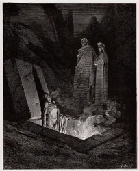 The Divine Comedy, Inferno, Canto 10: Farinata degli Uberti addresses Dante - by Dante Alighieri (1265-1321) - Illustration by Gustave Dore (1832-1883)