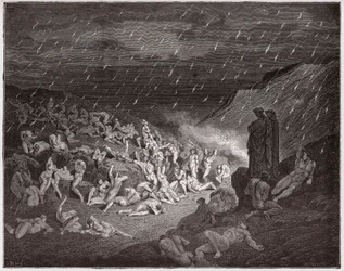 The Divine Comedy, Inferno, Canto 14: The violent, tormented in the rain of fire - by Dante Alighieri (1265-1321) - Illustration by Gustave Dore (1832-1883)
