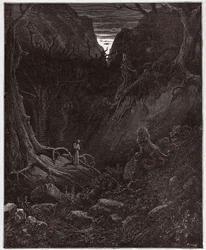 The Divine Comedy, Inferno, Canto 1: The lion suddenly confronts Dante - Illustration by Gustave Dore
