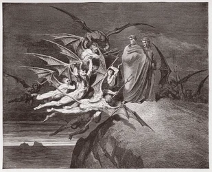 The Divine Comedy, Inferno, Canto 21: The demons threaten Virgil - Illustration by Gustave Dore