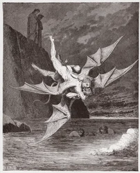 The Divine Comedy, Inferno, Canto 22: Alichino and Calcabrina grapple above the pitch - by Dante Alighieri - Illustration by Gustave Dore