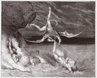 The Divine Comedy, Inferno, Canto 22: Ciampolo escapes the demon Alichino in the fifth bolgia - by Dante Alighieri - Illustration by Gustave Dore