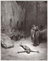 The Divine Comedy, Inferno, Canto 23: A crucified Pharisee among the hypocrites - Illustration by Gustave Dore