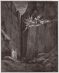 The Divine Comedy, Inferno, Canto 23: The poets escape the demons of the fifth bolgia - Illustration by Gustave Dore