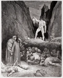 The Divine Comedy, Inferno, Canto 28: The severed head of Bertrand de Born speaks to Dante (Illustration by Gustave Dore)