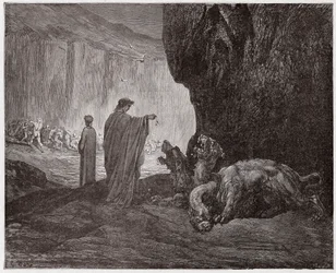 The Divine Comedy, Inferno, Canto 6: Virgil feeds Cerberus in the third circle - Illustration by Gustave Dore