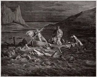The Divine Comedy, Inferno, Canto 8: Phlegyas ferries Dante and Virgil across the Styx - Illustration by Gustave Dore