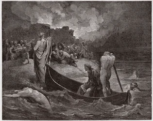 The Divine Comedy, Inferno, Canto 8: Virgil and Dante disembark at the citadel of Dis - by Dante Alighieri (1265-1321) - Illustration by Gustave Dore (1832-1883)