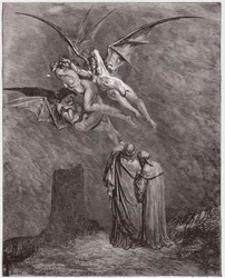 The Divine Comedy, Inferno, Canto 9: The hideous Erinyes: Megaera, Tisphone, Alecto - Illustration by Gustave Dore (1832-1883)