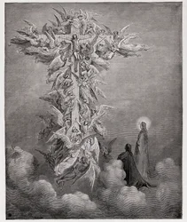 The Divine Comedy, Paradiso, Canto 14: Dante and Beatrice see the angels with Christ on the cross - Illustration by Gustave Dore