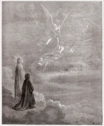 The Divine Comedy, Paradiso, Canto 18: Dante and Beatrice translated to the sphere of Jupiter - by Dante Alighieri - Illustration by Gustave Dore