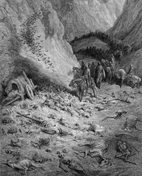 The Forward: Army of Crusaders meeting the dead of the previous wave of Crusaders - engraving by Gustave Doré