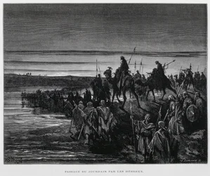 The Hebrew tribes enter Canaan over the Jordan River, Illustration from the Dore Bible