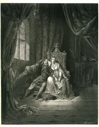 The Hell of Dante Alighieri (the Divine Comedy) illustrated by Gustave Dore. French edition of 1861. Francesca da Rimini and her lover: "Quel giorno piu non vi leggemo avante. (This day we do not read further)", chant 5. v. 138