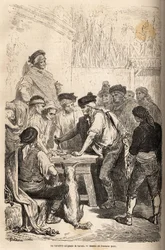 The baratero weapon of the navaja, demanding the barato, tribute that he arrogates on the amount of clandestine games. Drawing by Gustave Dore, to illustrate his trip to Spain in 1862, with Ch. Davillier. Engraving in Le tour du monde, edited by Edouard Ch