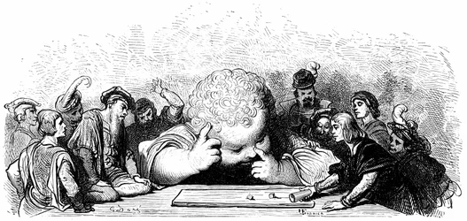 The Education of the Giant Gargantua Child: He Learns to Play the Dice. Illustration by Gustave Dore for the Work of Francois Rabelais.