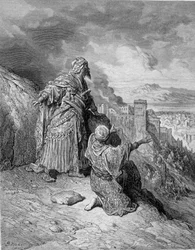 The last of the Arab kings abandoned Granada after its siege by the Catholics in 1492. Engraving by Gustave Doré