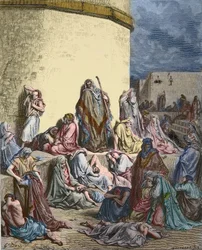 The people of Israel mourn over Jerusalem - Old Testament - Lamentations of Jeremiah - The people cry in the ruins of Jerusalem - Engraving by Gustave Dore - later colouring