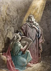 The Prophet Jeremiah Dictating His Prophecies to Baruch - Coloured Engraving by Pannemaker, from the Bible of Gustave Doré (1832-1883) - Jeremiah (650-585 BC), Hebrew Prophet. Jeremiah Dictating His Prophecies to Baruch. Engraving by Pannemaker, The Bible