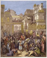 The triumph of Mordecai - engraving in The Bible illustree by Gustave Dore - Engraving from The Dore Bible