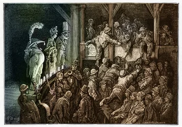 Theatre: the audience during a theatrical performance. Colorful engraving from "London, a Pilgrimage" illustrated by Gustave Doré