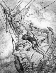 Vengeance is still required by the Spirit of the South Pole for the murder of the albatross and the mariner is thrown down and faints, scene from 