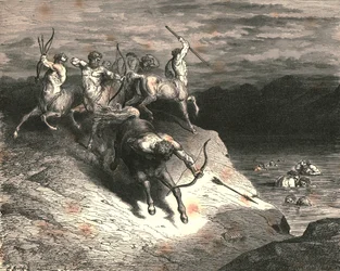 We to those beasts, that rapid strode along, drew near, when Chiron took an arrow forth