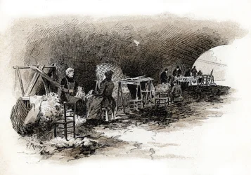 Workers carding wool under the bridge of Pont-Marie, Paris. Drawing by Gustave Fraipont from 