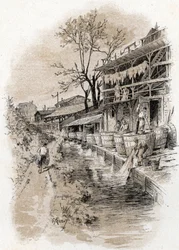 View of the Bievre river and leather tawing stalls in the Pete Gentilly district, Paris