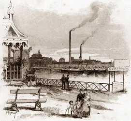 View of the quai de Javel in Paris, actuel quai André-Citroen. Drawing by Gustave Fraipont from 