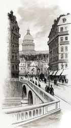 View of the rue de Bellay and the dome of the Pantheon, Paris. Drawing by Gustave Fraipont from Saint-Juirs