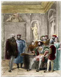 Leonardo da Vinci at the court of the king of France Francois 1st. 19th century engraving by Gustave Greux. Private collection