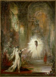 The Appearance. Salome, after dancing in the hall of the feast of Herod, asks for the head of Saint John the Baptist. She points her finger towards the head of the prophet while Herodias stands behind her. Painting by Gustave Moreau