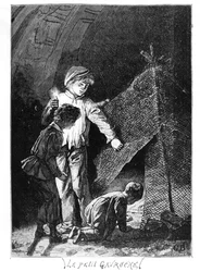 Gavroche and His Two Brothers in the Bastille Elephant, illustration from Les Miserables by Victor Hugo, c. 1885