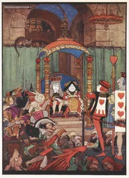 The King and Queen of Hearts upon their throne at court during the trial of the Knave of Hearts
