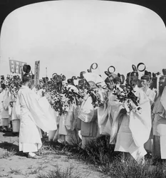 Shinto priests in a funeral procession for Hitachi Maru victims, Tokyo, Japan