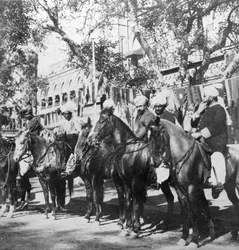 Punjabi horsemen outside the railway station at Delhi, India, 1900s
