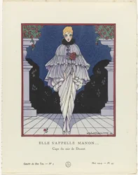 Gazette du Bon Ton, 1914 - No. 5, Pl. 45: She is Called Manon / Evening Cape by Doucet