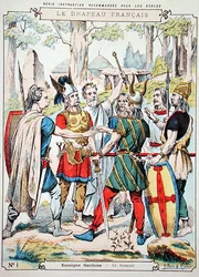 Gaulish warriors swearing an oath, from a protective sleeve for school books, late 19th century