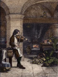Jean Baptiste Lully (Giovanni Battista Lulli) (1632-1687), French composer, then "galopin" or marmiton by Mademoiselle de Montpensier. Engraving by T. Meyer-Heine from a drawing by Hippolyte de La Charlerie (1827-1867).