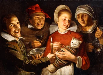A Dutch Proverb - A woman feeding a bound cat, surrounded by men