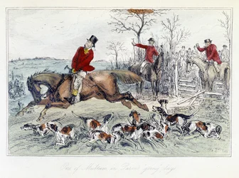 Hunting scene in The Adventures of Thomas Scott, illustration by H.K. Browne and W.T. Maud; English cartoon on fox hunting