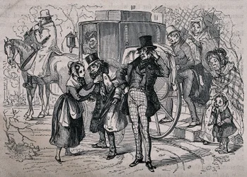 A young woman tends to a man who is looking ill, as people from the house climb into the carriage. Wood engraving by Gray after H.K. Browne.