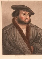 Self-portrait of the artist Hans Holbein at Kensington Palace (engraving)