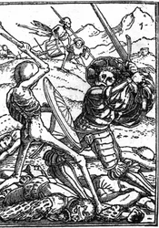 The Mock Death of Hans Holbein the Younger (1497-1543): The Soldier. A soldier fights Death; at their feet lie the bodies of other warriors. Engraving