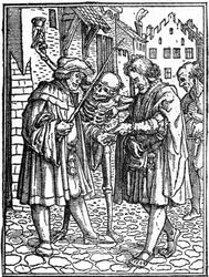 The mock death of Hans Holbein the Younger (1497-1543): the lawyer (engraving)