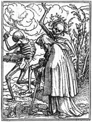 The Simulacra of Death by Hans Holbein the Younger: The Old. Death accompanies an old lady to her destiny. Engraving.