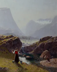 Girl with Buckets of Water and Boy Fishing