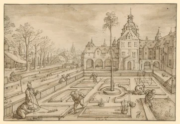 Tending a castle garden in early spring, probably from a series of monthly depictions