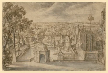 A Castle with Several Towers in a Vast Flat Landscape Between Ponds. A Round Garden Pavilion in the Middle of the Foreground. An Avenue on the Left